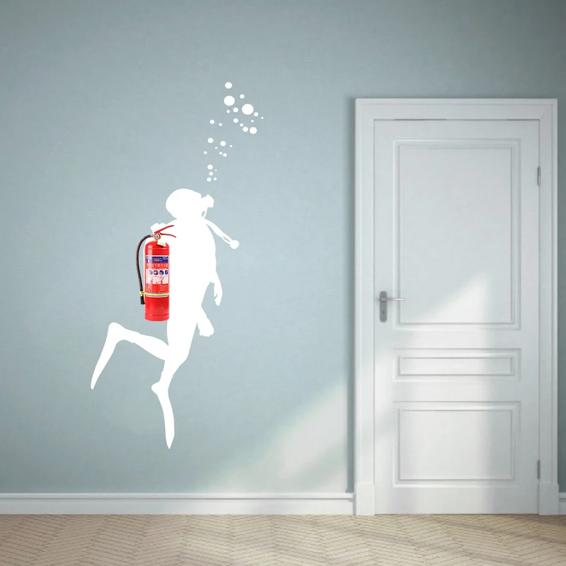 Fire Scuba Diver Wall Art Decals For Office Decoration , Extinguisher Disguise Vinyl Wall Sticker Office Mural Art Wall Decor