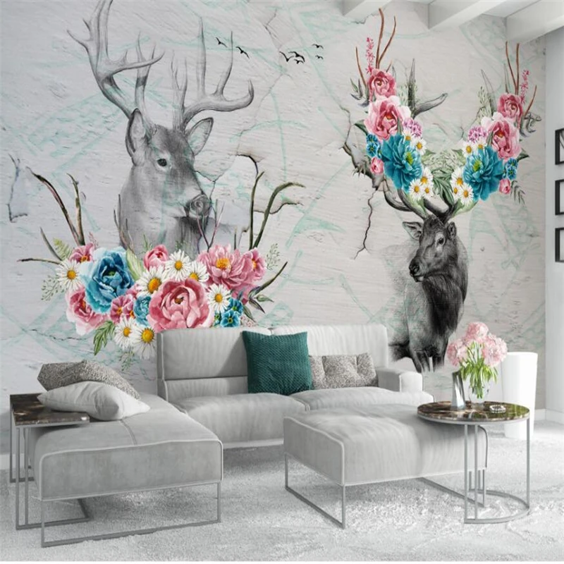 

wellyu European creative Elk flowers butterfly background wall painting custom large mural green wallpaper papel de parede