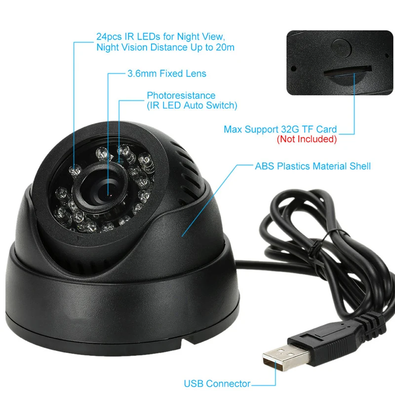 Home Security DVR Dome USB Camera 1G-32G TF Card Slot Support Loop Recording Day Night Vision View Mini recorder
