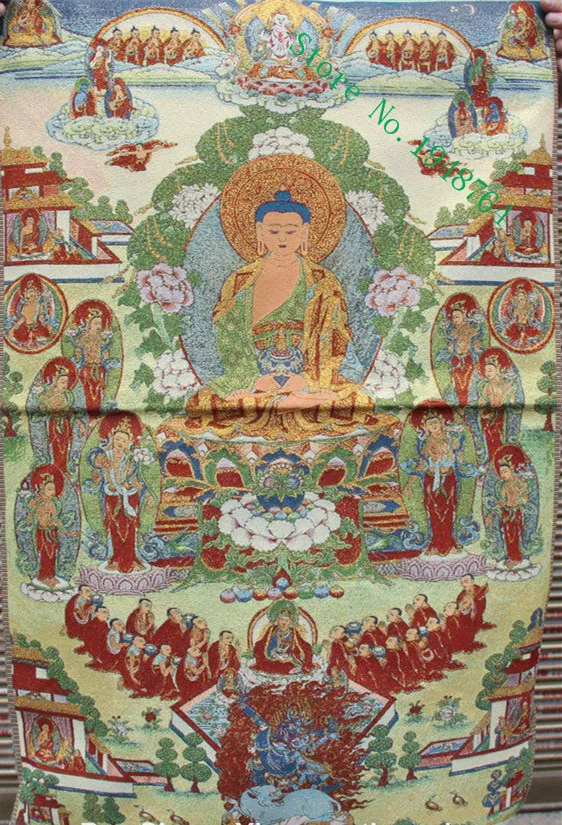 36 inch Silk embroidery Shakyamuni Amitabha Buddha Tathagata Bowl Thangka Paintings Mural