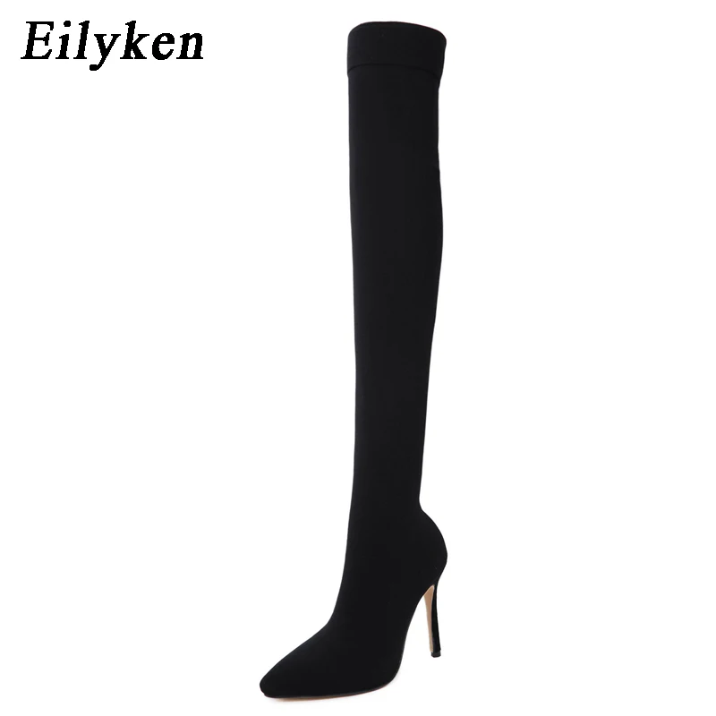 Eilyken Fashion Woman Stretch Fabric Sock Boots Over the Knee Thigh High Heel Pointed Toe Female Booties Size 35-42