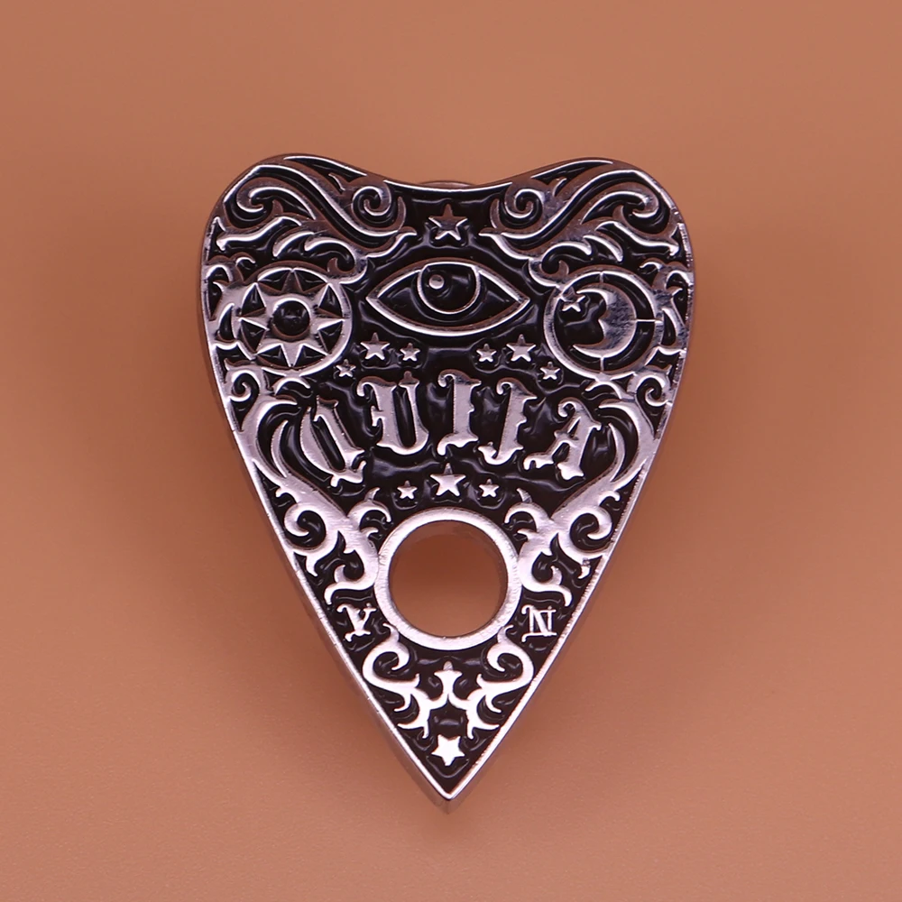 Ouija board enamel pin mysterious eye brooch sun moon star witch pagan badge black planchette pins divination jewelry Gothic gif