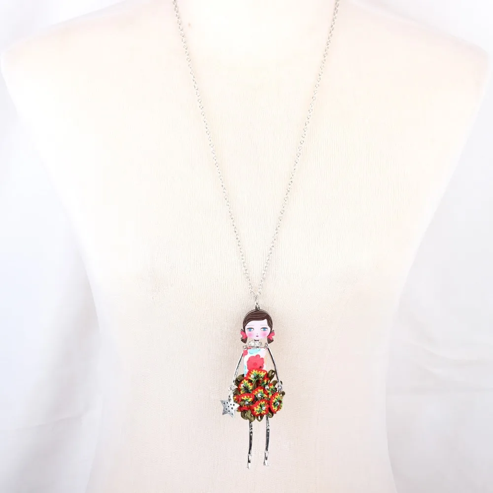 Bonsny French Doll Necklace Dress 2015 New Long Chain Doll Pendant Acrylic Alloy Star Girl Women Flower Fashion Jewelry Cute