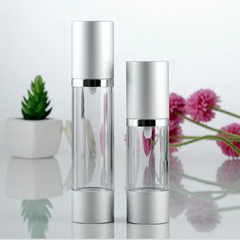 20PCS/lot 30ml 50ml Airless Liquid Lotion Bottle Perfume Bottle Cosmetic Vacuum Flask Silver Pump Airless Bottle Emulsion Bottle