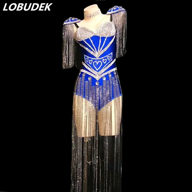 Shiny Rhinestones Tassel Epaulet Bodysuit Fringe Leotard Women Singer Dancer Group Costume Sexy Stage Wear Nightclub Performance