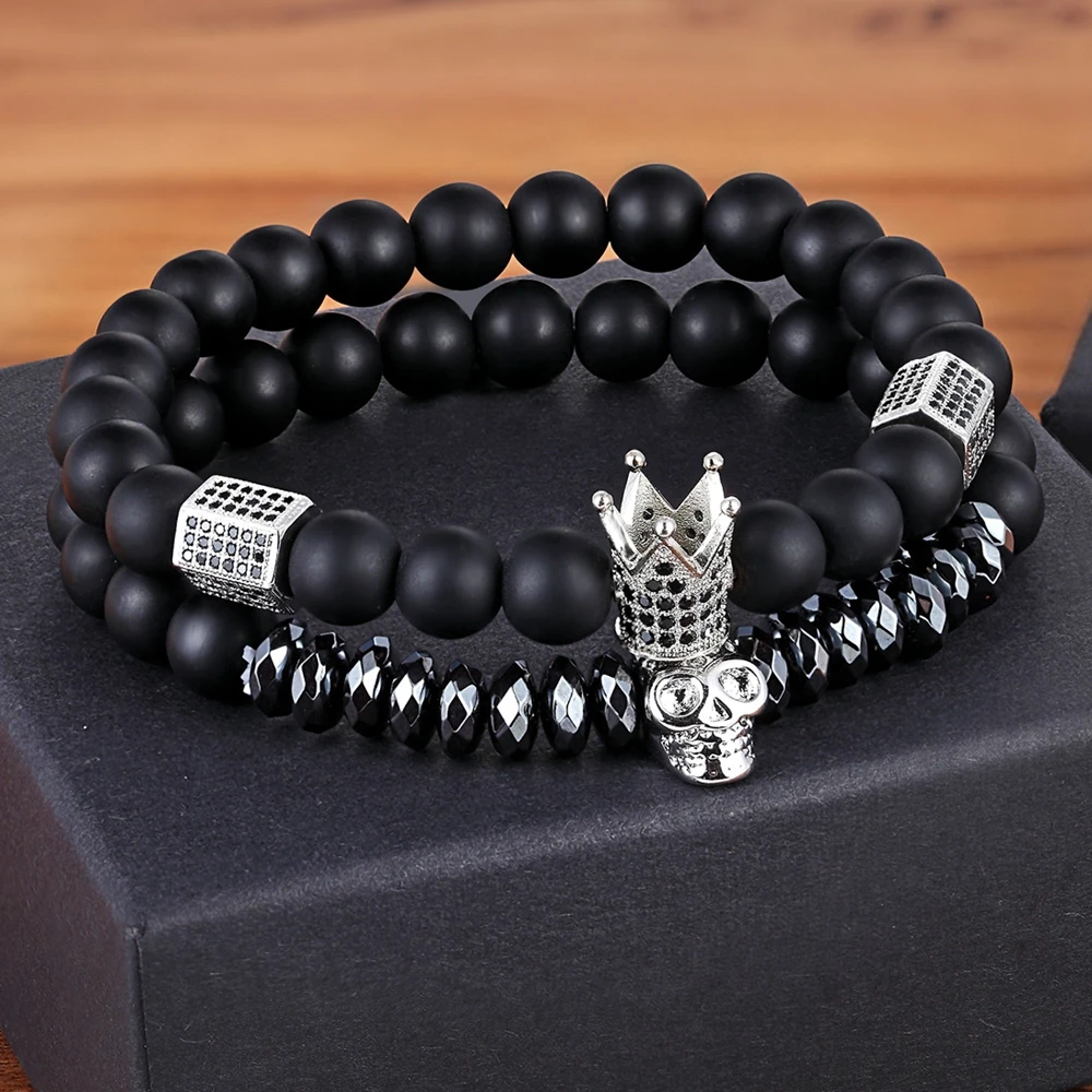 TYO 2Pcs/Set Women Mens CZ Royal Crown Skull Charms 8MM Black Matte Bead Strand Bracelets for Couple Valentine\'s Day Gifts