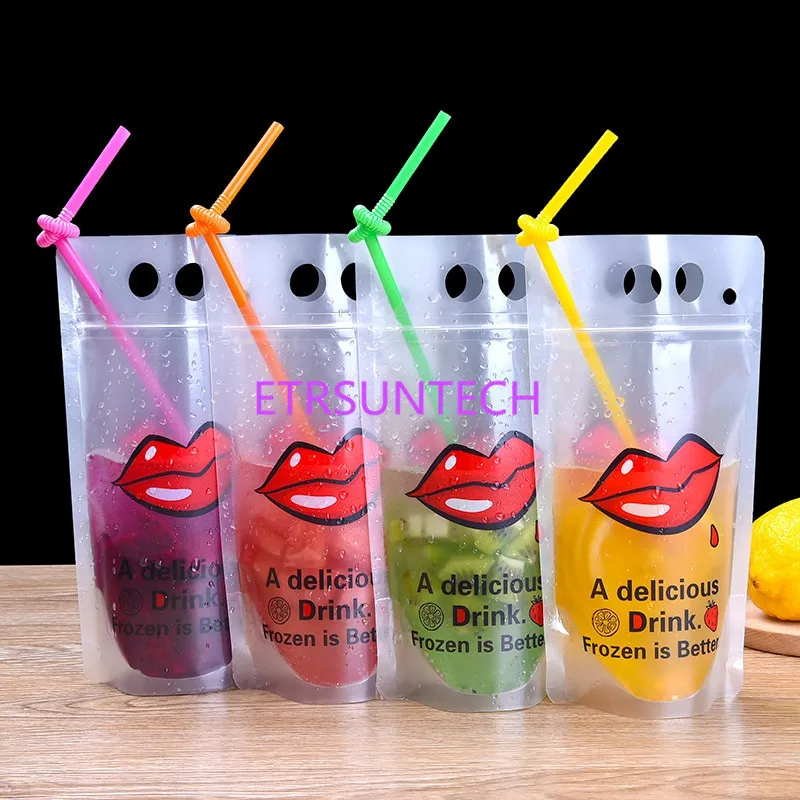 

500pcs/lot 500ml New Design Plastic Drink Packaging Bag Pouch for Beverage Juice Milk Coffee, with Handle and Holes for Straw