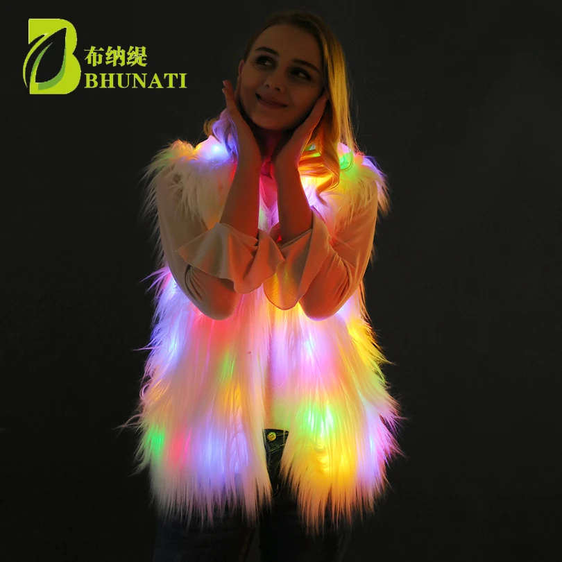 New Fall And Winter White LED Light Hooded Fur Vest Coat Multiple Lighting Effects Fashion Personality Faux Fur Vest Women