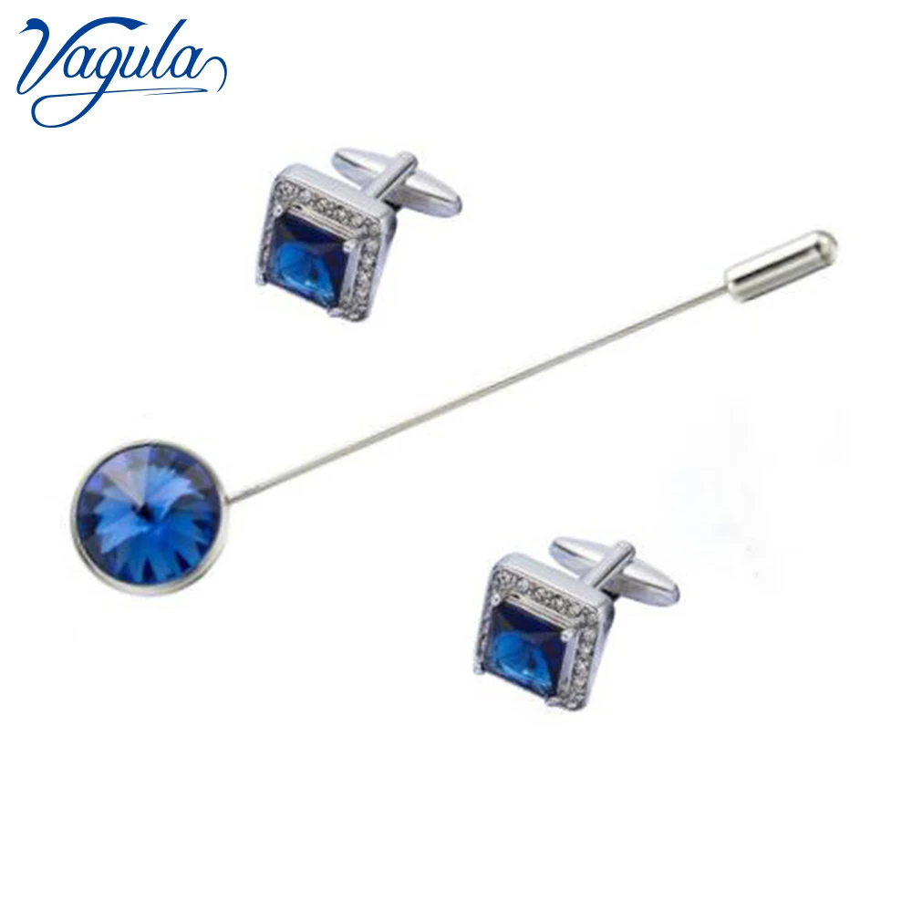 VAGULA Brooch Cufflinks 3PCS Set  Blue Crystal Gift Pin Business Uniform Pin Men  Jewelry Spinki Gemelos 11