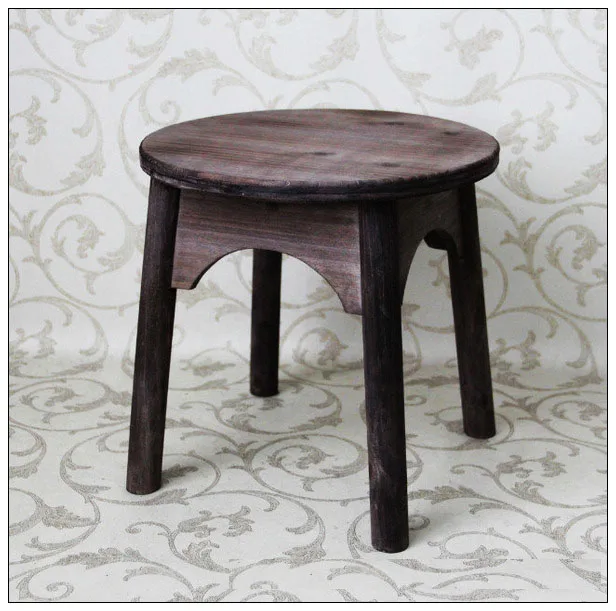 Shabby Chic Old Solid Wood Stool, Four Round Legs, Round Top