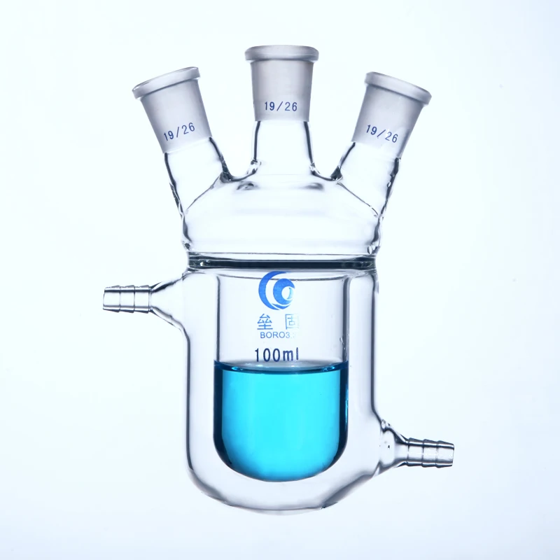 Three-necks jacket reaction bottle Thick wall borosilicate glass flask Jacketed Pilot Plant Reactors Laboratory Reactor