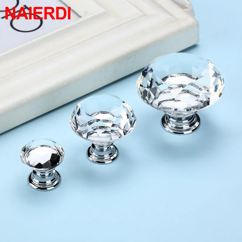 NAIERDI Crystal Glass Knobs Diamond Shape Design Cupboard Drawer Pull Kitchen Cabinet Door Wardrobe Handles Hardware