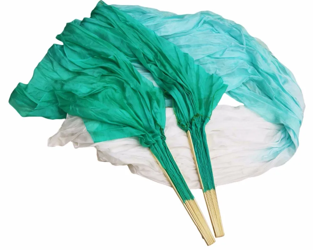 high quality 100% Silk 1Pair belly dance fans dance performance silk long fans Mint green+Light mint green+White Colors 180x90cm