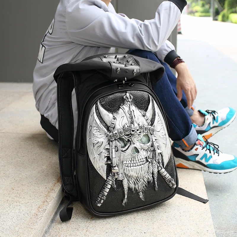 New Fashion Personality 3D Skull Leather Backpack Rivets Skull Backpack With Hood Cap Apparel Bag Cross Bags Hiphop Man 737