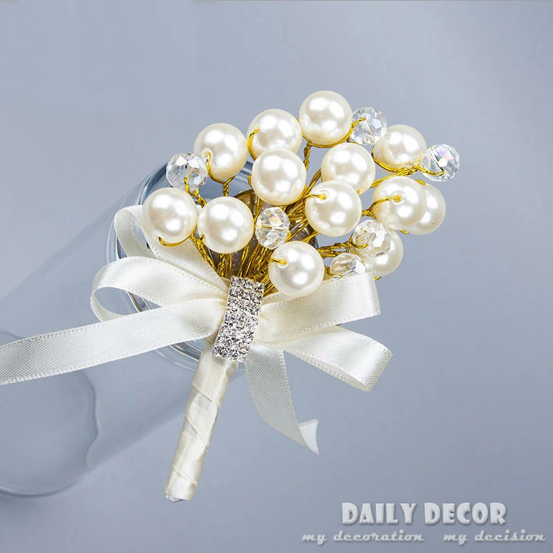 Custom ! Handmade Pearl Crystal Rhinestones wedding bride / groom boutonnieres Ivory fancy party corsages flor en el ojal