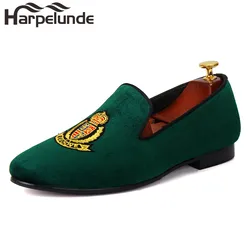 Harpelunde European Men Shoes Green Velvet Slippers Handmade Flat Loafers Size 6-14