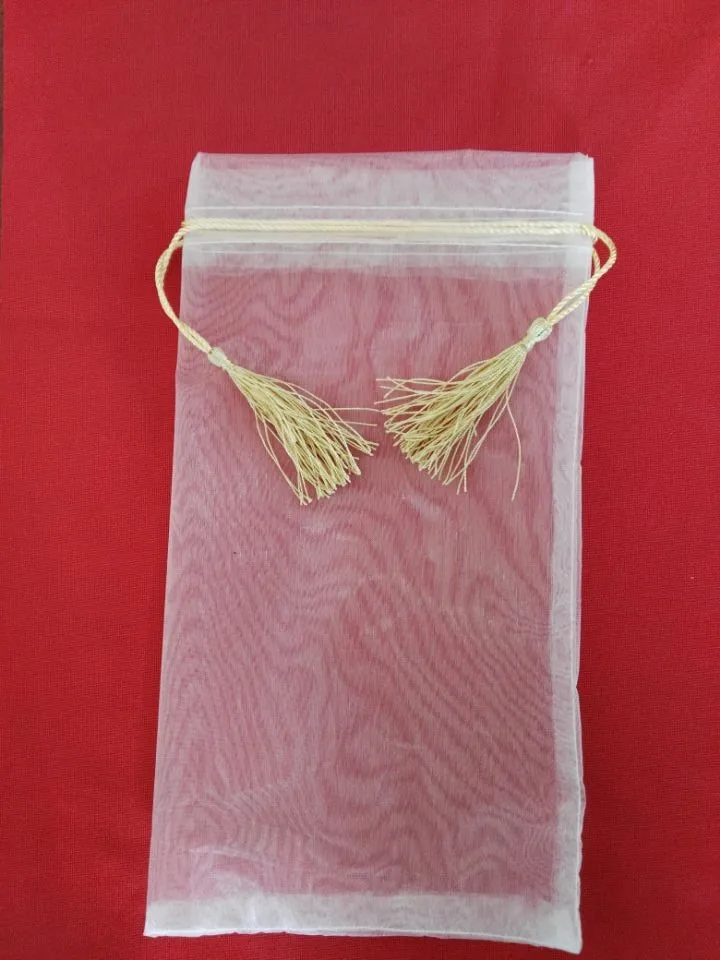 

300pcs/lot high quality organza cheap drawstring bag fabric jewelry bag wholesale 17*31.5cm organza gift pouch with tassels