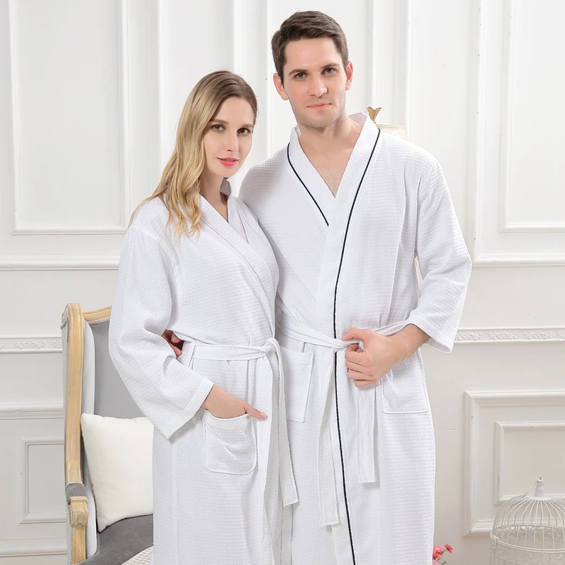 

Men's Hooded Waffle Bathrobe, Cotton Kimono Robe, Family Sleepwear, Summer Nightgown, V-Neck, Plus Size, XL, White