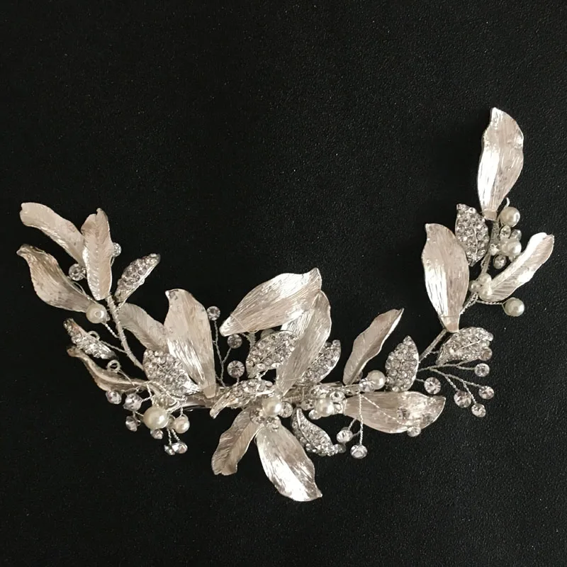 SLBRIDAL Handmade Silver Color Crystals Rhinestones Flower Leaf Wedding Hair Clip Barrettes Bridal Headpiece Hair accessories