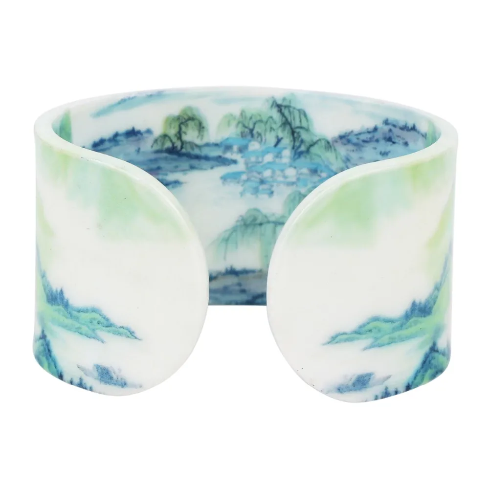 Bonsny Plastic Chinese Landscape Painting Vintage Bangles Bracelets Fashion Ethnic Retro Jewelry For Women Girl Ladies Gift Bulk