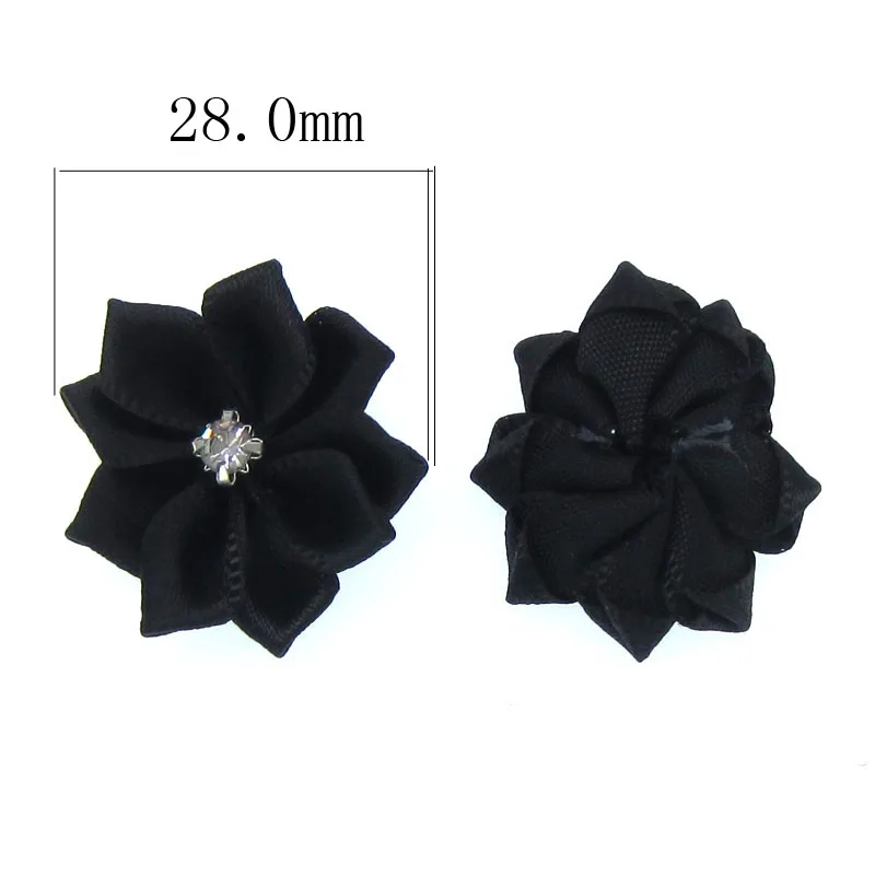 40Pcs Black Small Satin Flowers Fabric Rhinestone Flowers Appliques Sewing Decoration Wedding Garment 2.8cm