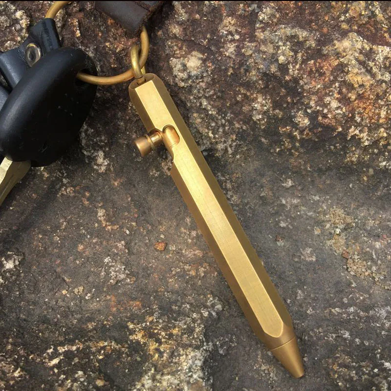 ACMECN New Arrival 90mm Mini Pocket Ball Pen with key ring Pure Brass Ballpoint Pen Gun Style Hexagonal Copper Tactical Pens