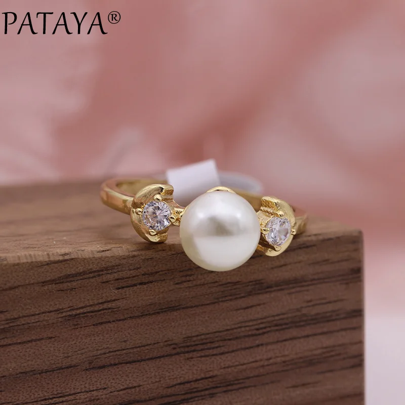 PATAYA New Champagne Gold Color Imitation Pearls Round Natural Zircon Rings Women Wedding Party Jewelry shape Girls Cute Ring