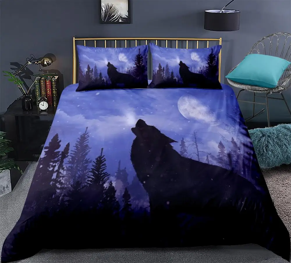 Howling Wolf Bedding Set  Duvet Cover With Pillowcases Galaxy Night Moonlight  Bed Set 3pcs Wild Animal Dark purple Bedclothes