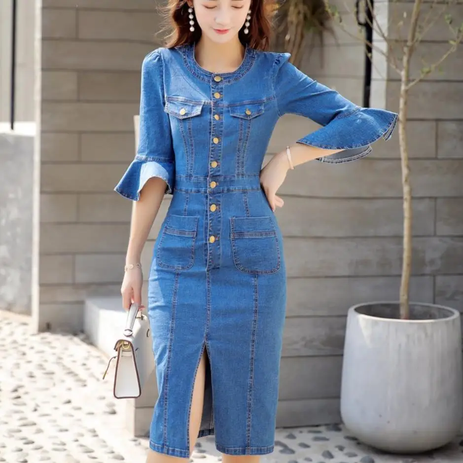 Denim package hip dress women summer o-neck slim flare sleeve single breasted split step pencil dress