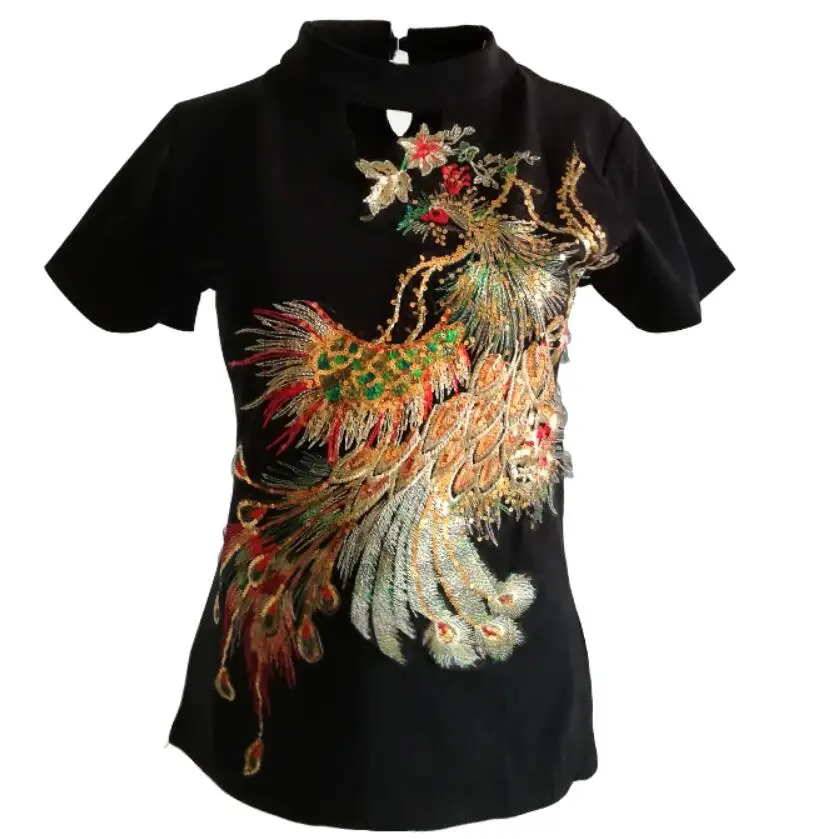 black sexy warm embroidery Phoenix T-shirt women short sleeved  autumn winter bottoming tops