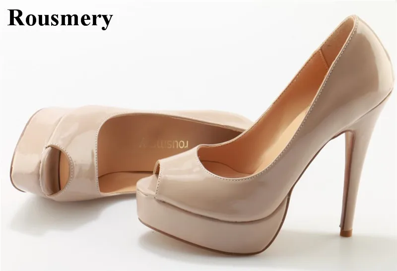 

Women Classical Design Open Toe Nude Patent Leather High Platform Pumps Formal Dress High Heels Wedding Shoes