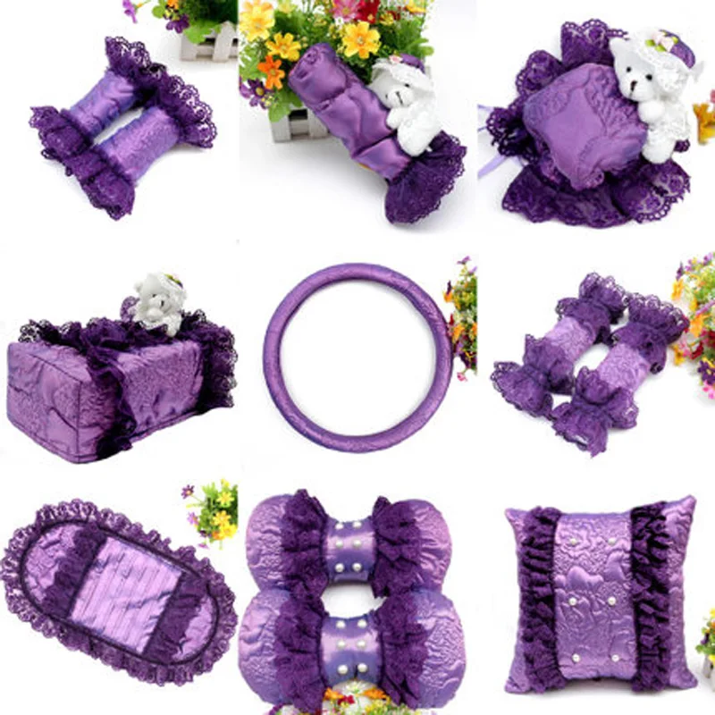Purple Car Interior Decoration Accessories For Women Girls Silk Steeing Wheel Cover Seatbelt Shifter Hand Brake Covers Set image 2