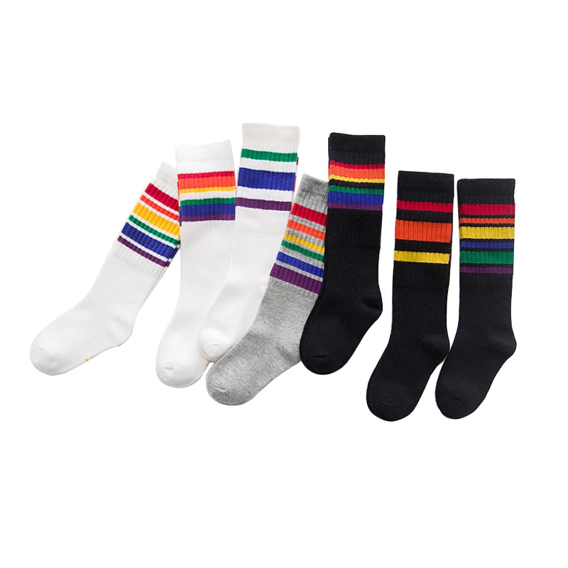 

baby girls knee rainbow socks striped colored white cotton child high sock kid toddler boy girl summer football sport long socks