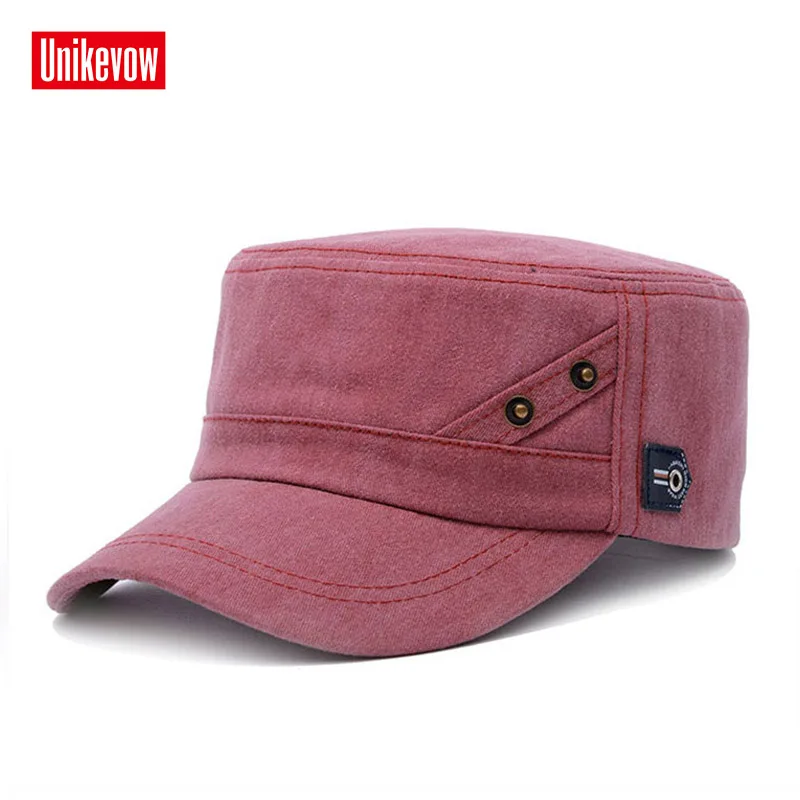 UNIKEVOW 100% Cotton Military Caps Flat top Hat Army Cap With Leather Patch For Men And Women Outdoor Hat Sport Cap