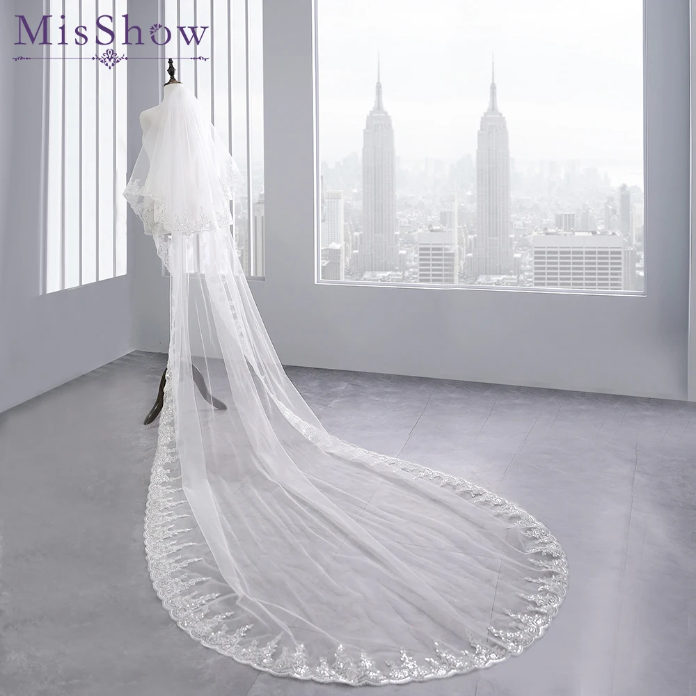 Free ship 3 M White Cathedral Wedding Veils Long Lace Edge Bridal Veil with Comb Ivory Wedding Accessories 2 Layers Wedding Veil