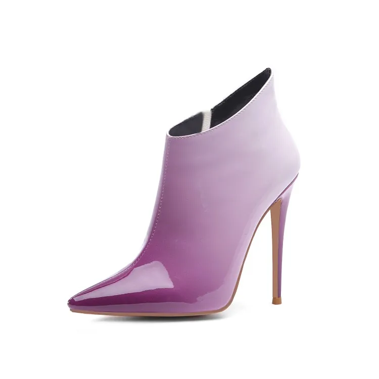 

Patent Leather Pointed Toe Boots Woman Zip Up Dress Multi-colored High Heel Ankle Bootie High Vamp Female+Shoes Pumps