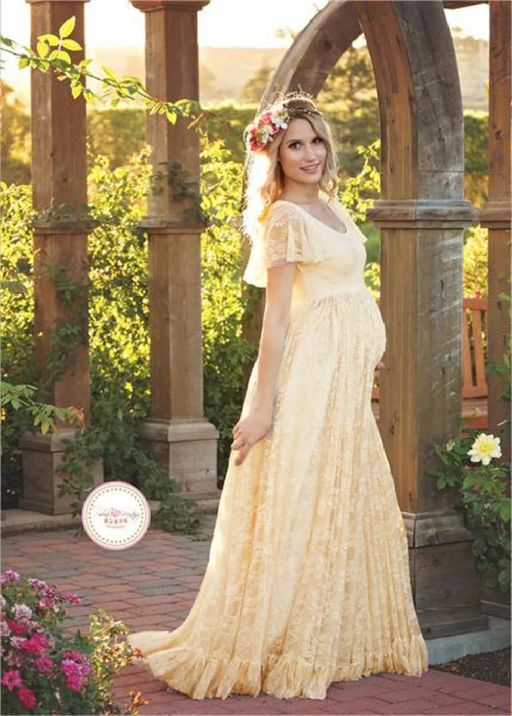 New M-2XL Lace Maternity Dress Photography Prop O-neck Long Sleeve Wedding Party Gown Pregnant Women Elegant Wear Plus Size