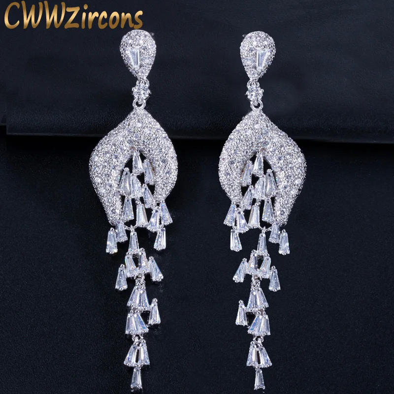 CWWZircons Noble Tassel Style Micro Cubic Zirconia Paved Long Big Dangle Evening Party Earrings for Women Wedding Jewelry CZ239