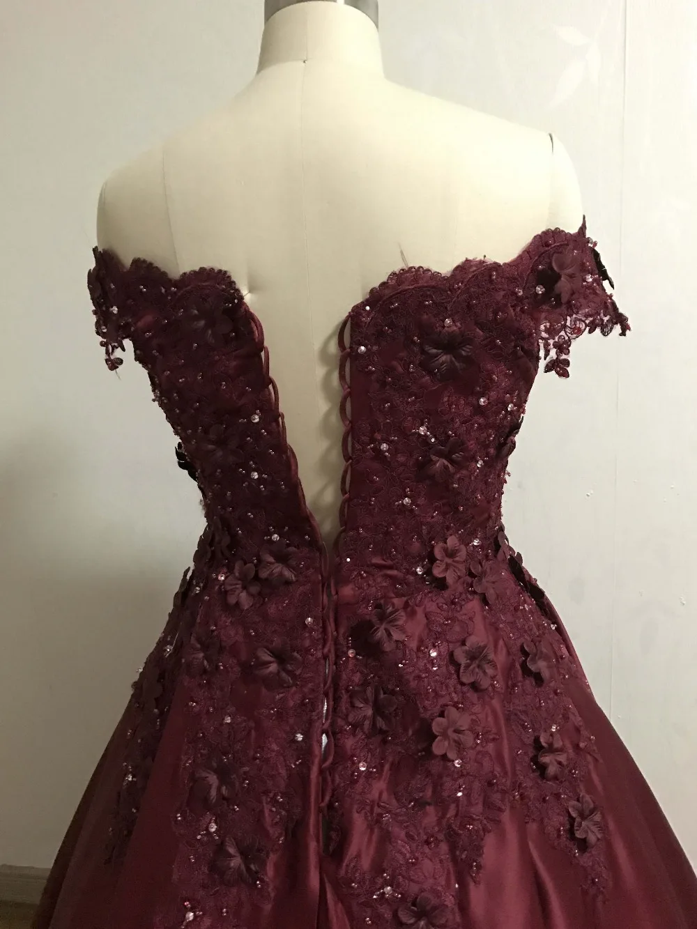 Real Accent Off the Shoulder Sweetheart Appliqued Beaded 3D Flowers Pleated Floor Length Burgundy Prom Dress