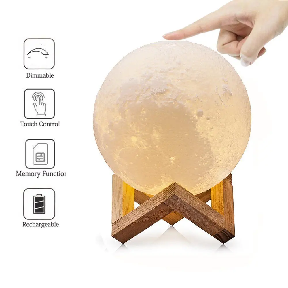 Rechargeable 3D Print Moon Lamp Usb Led Night Light Home Decor Creative Gift 8-20cm Dia 2 Color Change Touch switch Bedroom