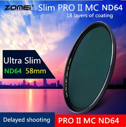 58mm New Zomei Ultra Slim ND64 ND1.8 64X 6 Stop Exposure Sliver Rimmed Glass Neutral Density ND Filter for Canon Nikon  Tamron