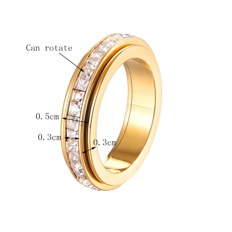 New Rotating Shiny Circle Square Crystal Ring for Women Titanium Steel Gold Color Luxury Famous Brand Jewelry Love Ring Gift