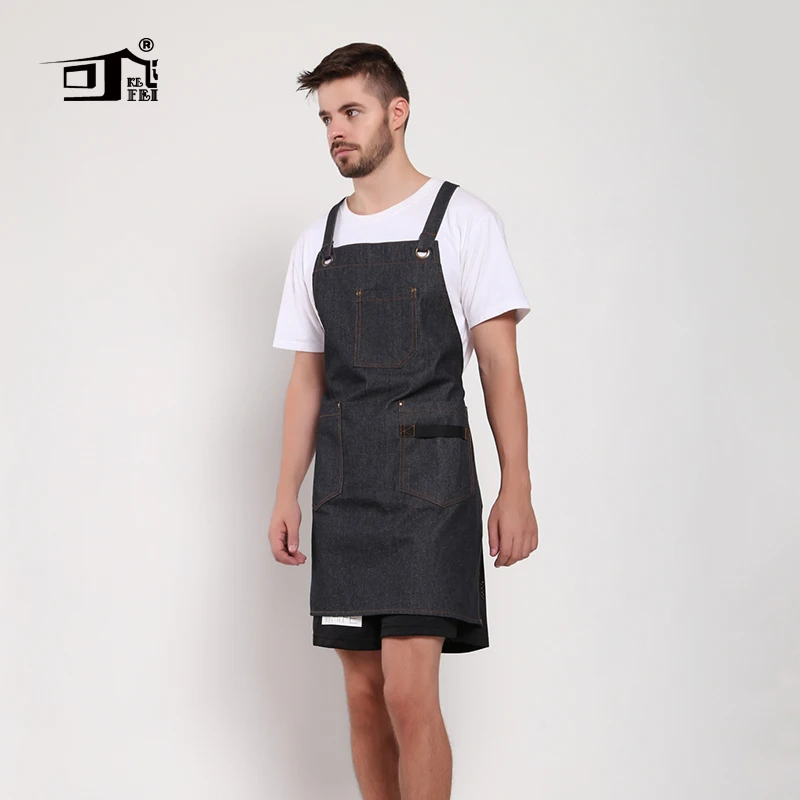 Original KEFEI High Quality 100% Cotton Denim Coffee Shop Black Apron with Pockets