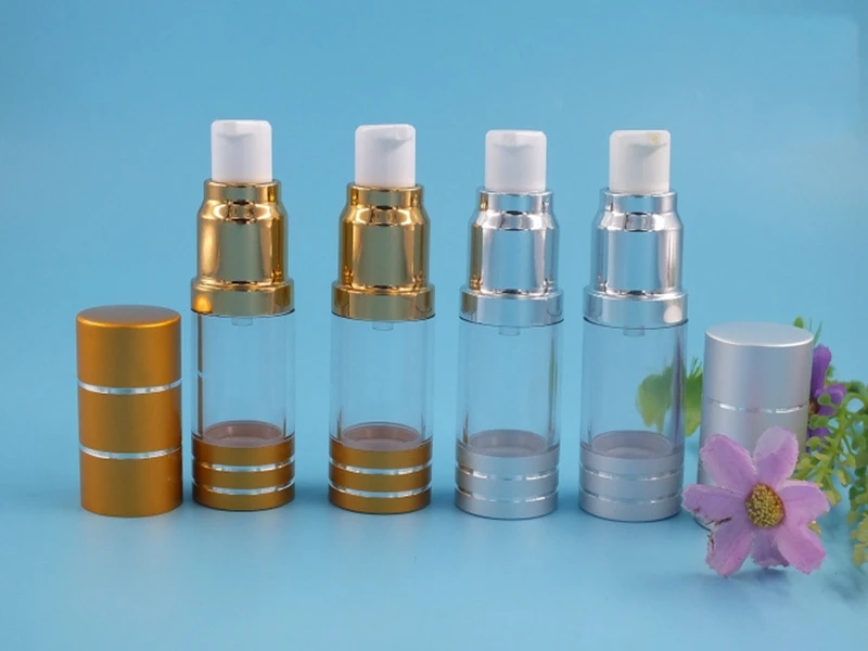 

1000pcs/lot Silver gold color 10ML Vacuum bottle empty Vacuum Pump Cap bottles Perfume Bottle For Essence Lotion