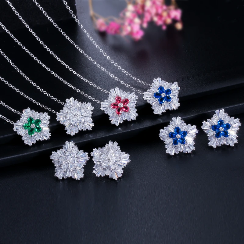 CWWZircons Brand Ladies Fashion Jewelry AAA Cubic Zirconia Snow Flower Pendant Necklace Earring Sets for Women Gift T208