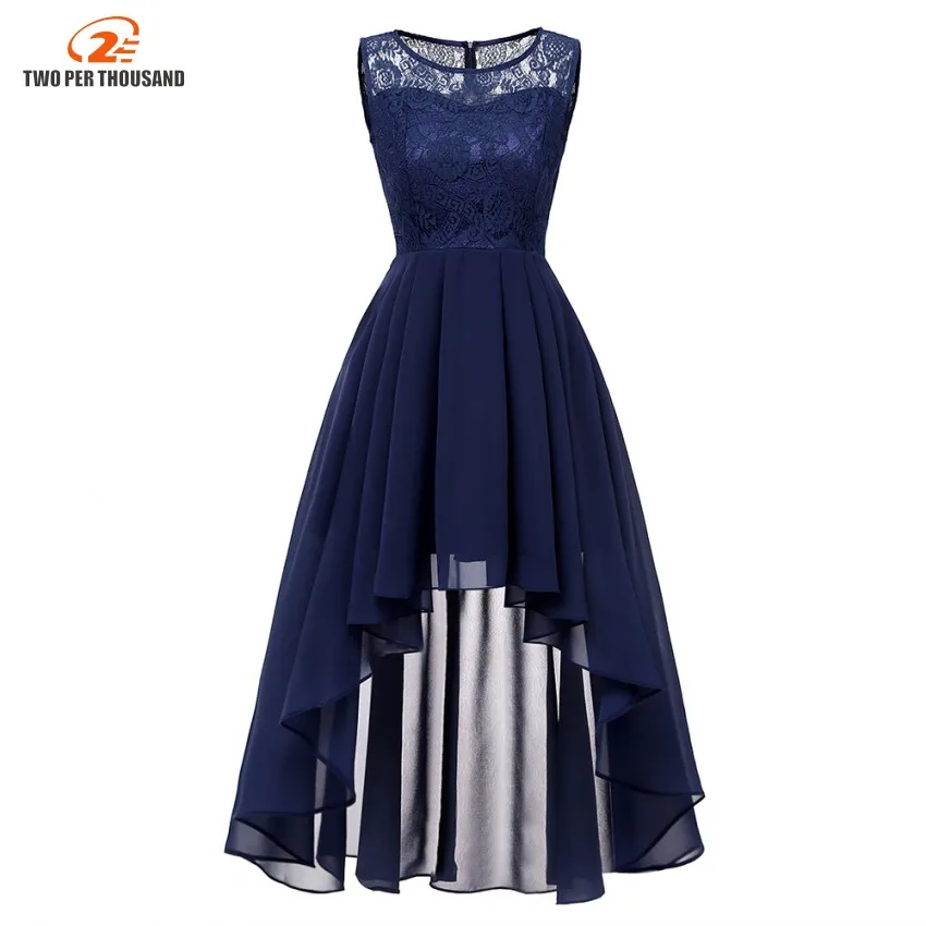 Women Sexy Sleeveless Asymmetrical Chiffon Lace Long Dresses Female Maxi Elegant Party Dress Navy Blue Vestidos De Festa