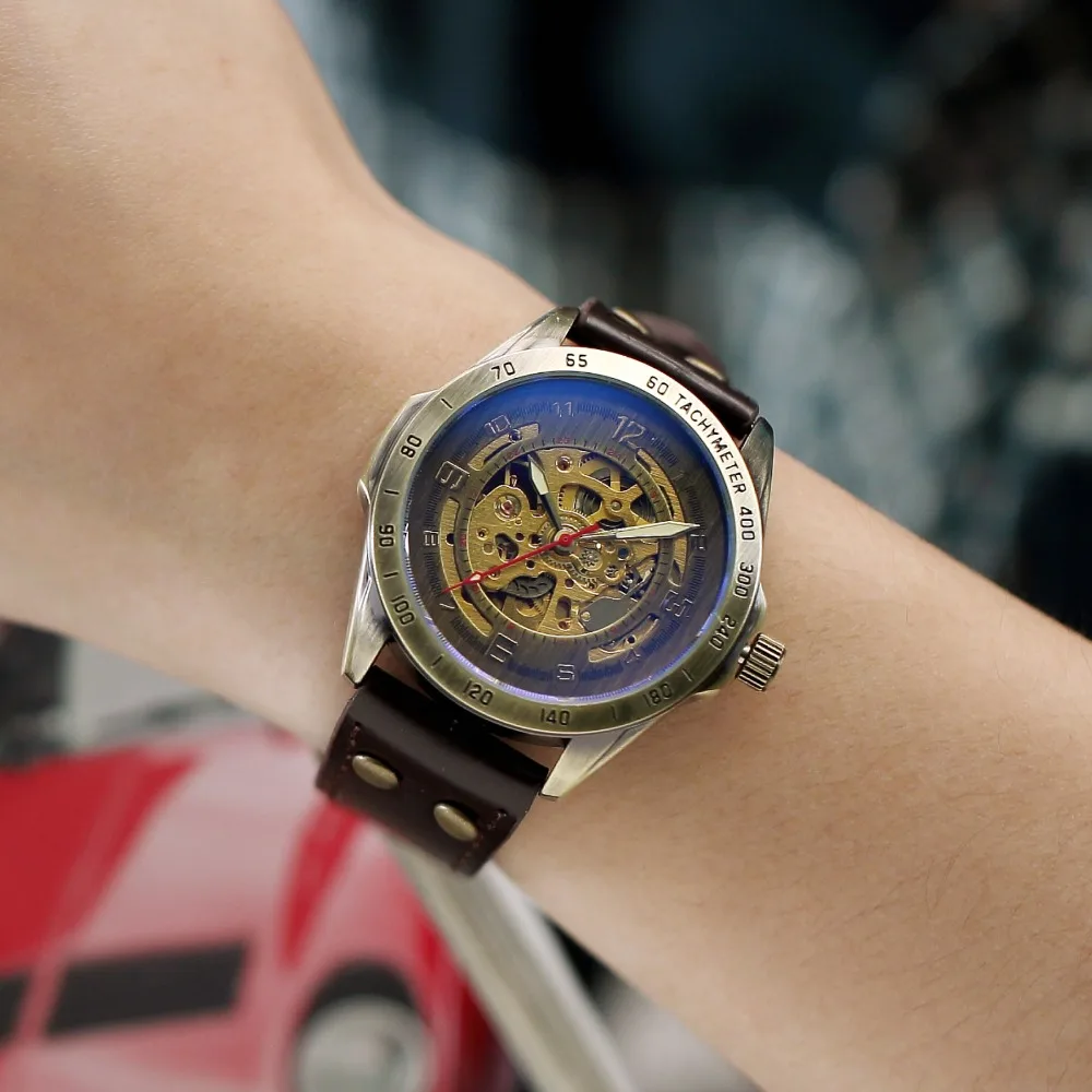 SHENHUA Gasline Series Clock Men Retro Bronze Skeleton Steampunk Mechanical Male Wristwatch Relogio Masculino Automatic Watch