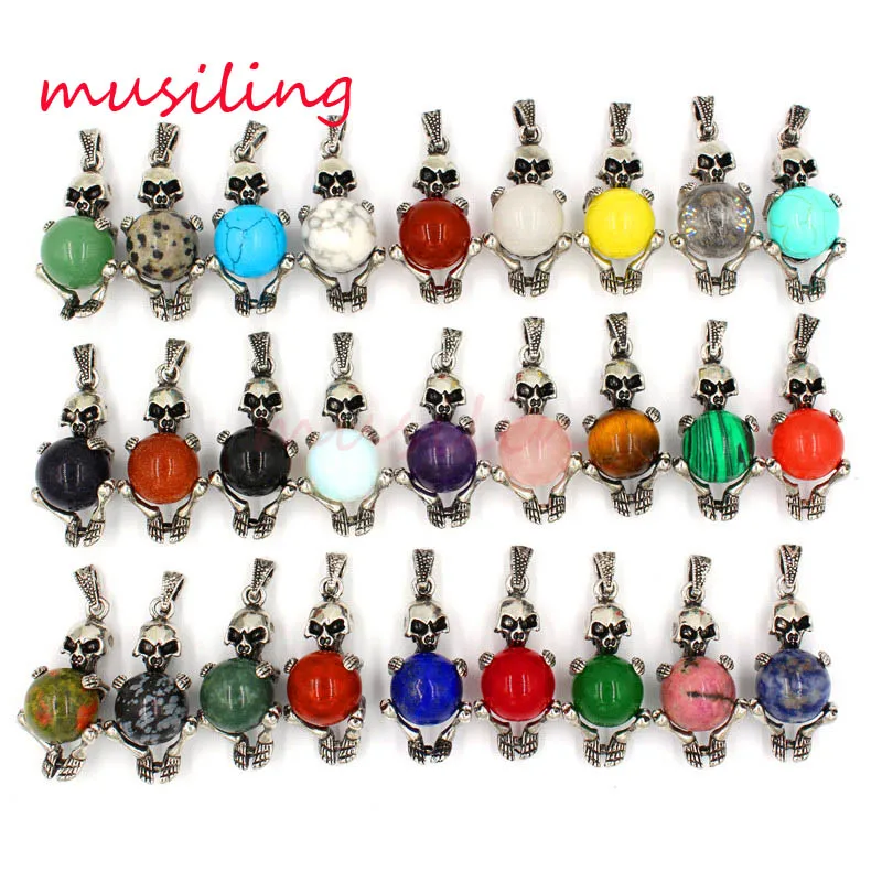 

Pendulum Skull Natural Stone Pendants Silver Plated Charms Amulet European Fashion Cool Men's Wholesale Jewelry 27X Mix Order