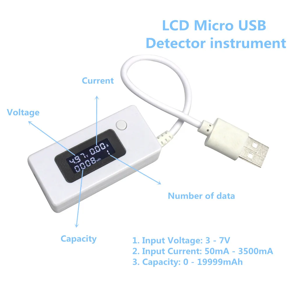 

LCD Micro USB Tester Battery Capacity Voltage Current Tester Meter Detector Black/White Color + Load Resistor 2A/1A With Switch