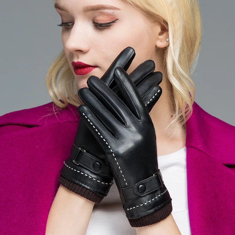 

Imitation Leather Women Gloves Lady Plus Velvet Thickened Fashion Mittens Autumn Winter Driving Cycling Black Hand Muff H3246